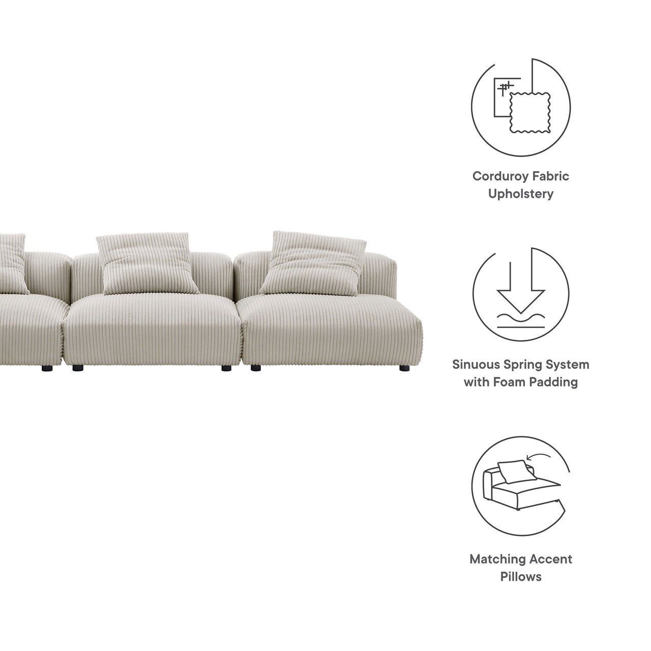 Leisure 3-Piece Modular Corduroy Sofa Sectional, Almond
