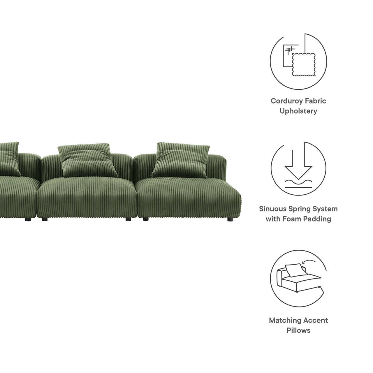 Leisure 3-Piece Modular Corduroy Sofa Sectional, Fern