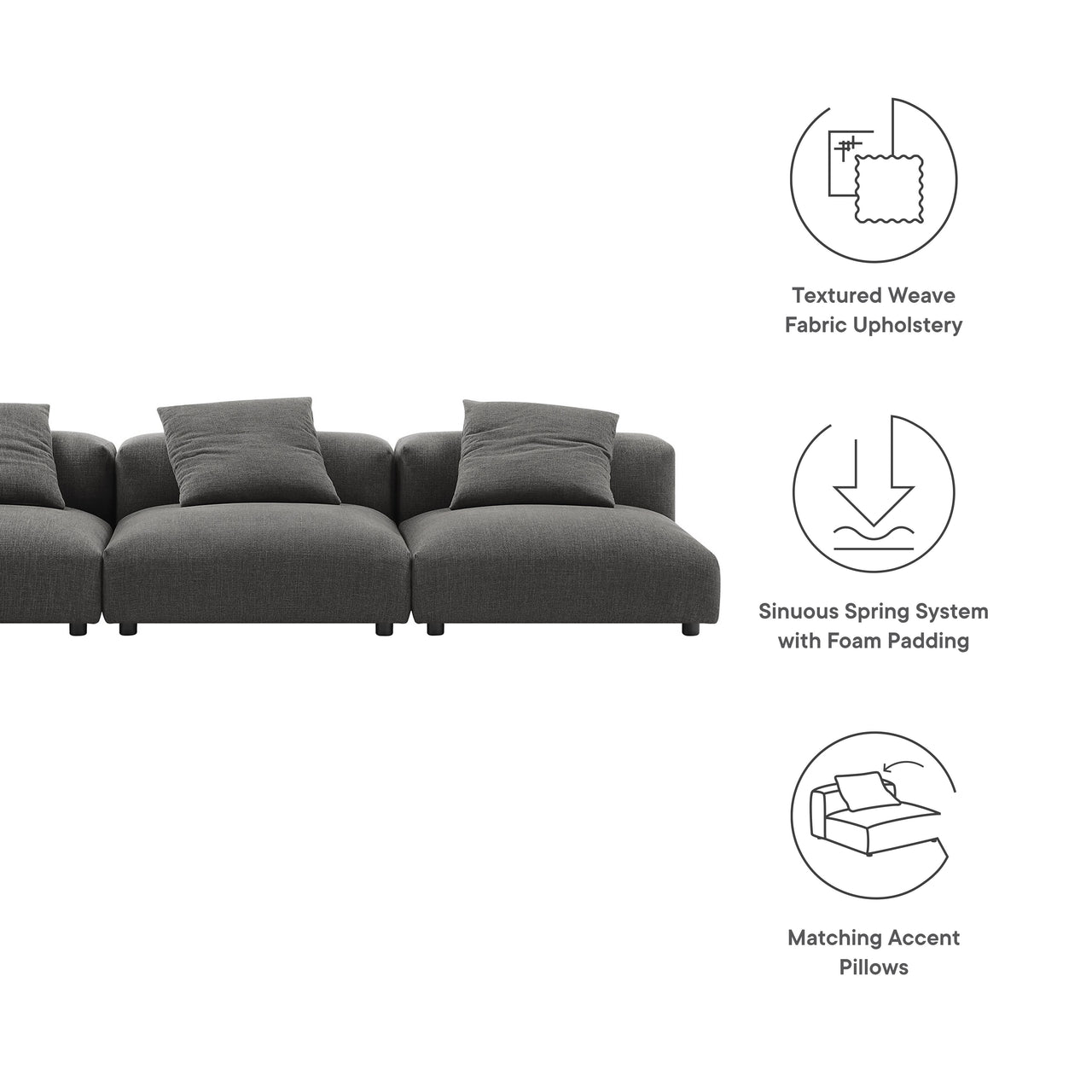 Leisure 3-Piece Modular Fabric Sofa Sectional, Charcoal