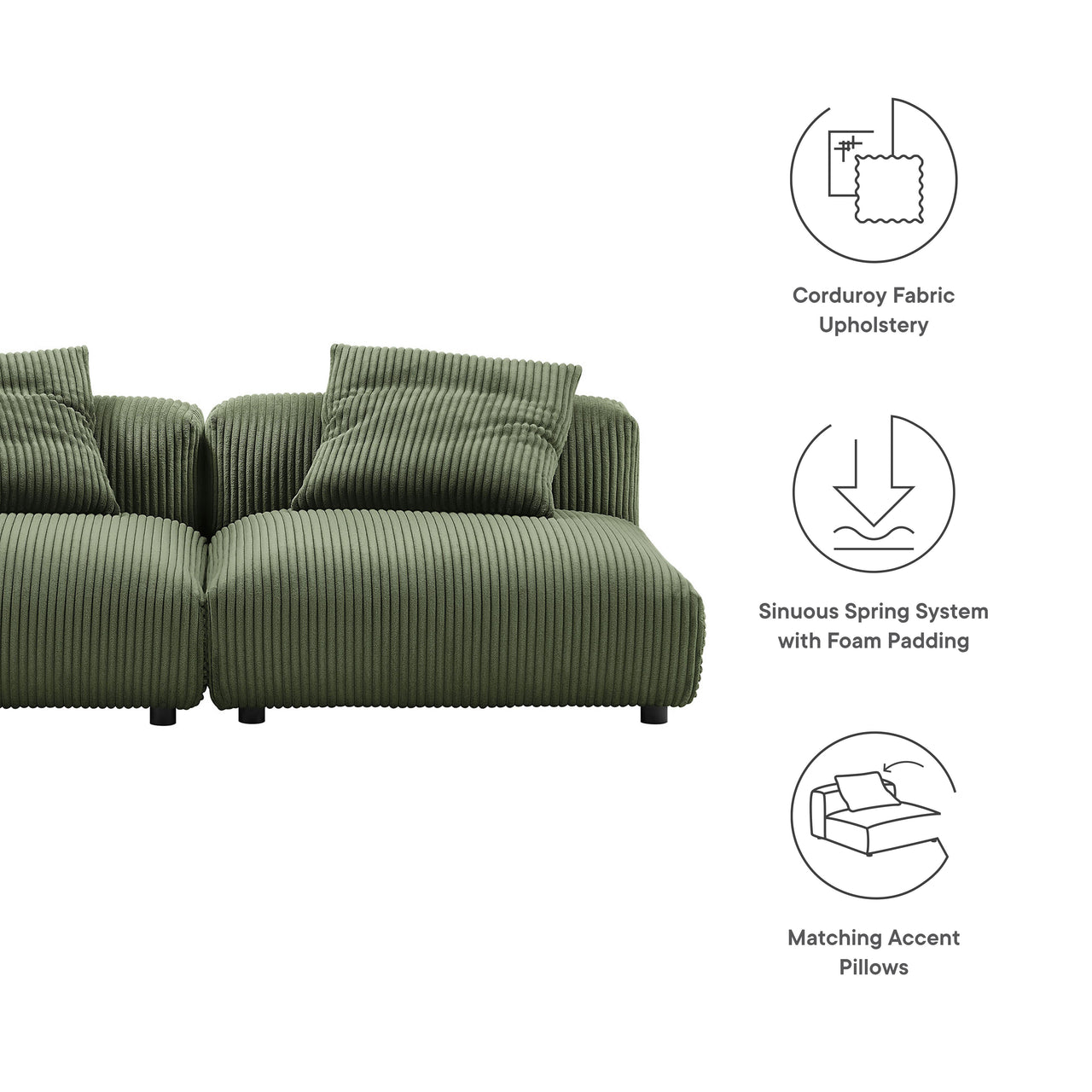Leisure 2-Piece Modular Corduroy Sofa Sectional, Fern