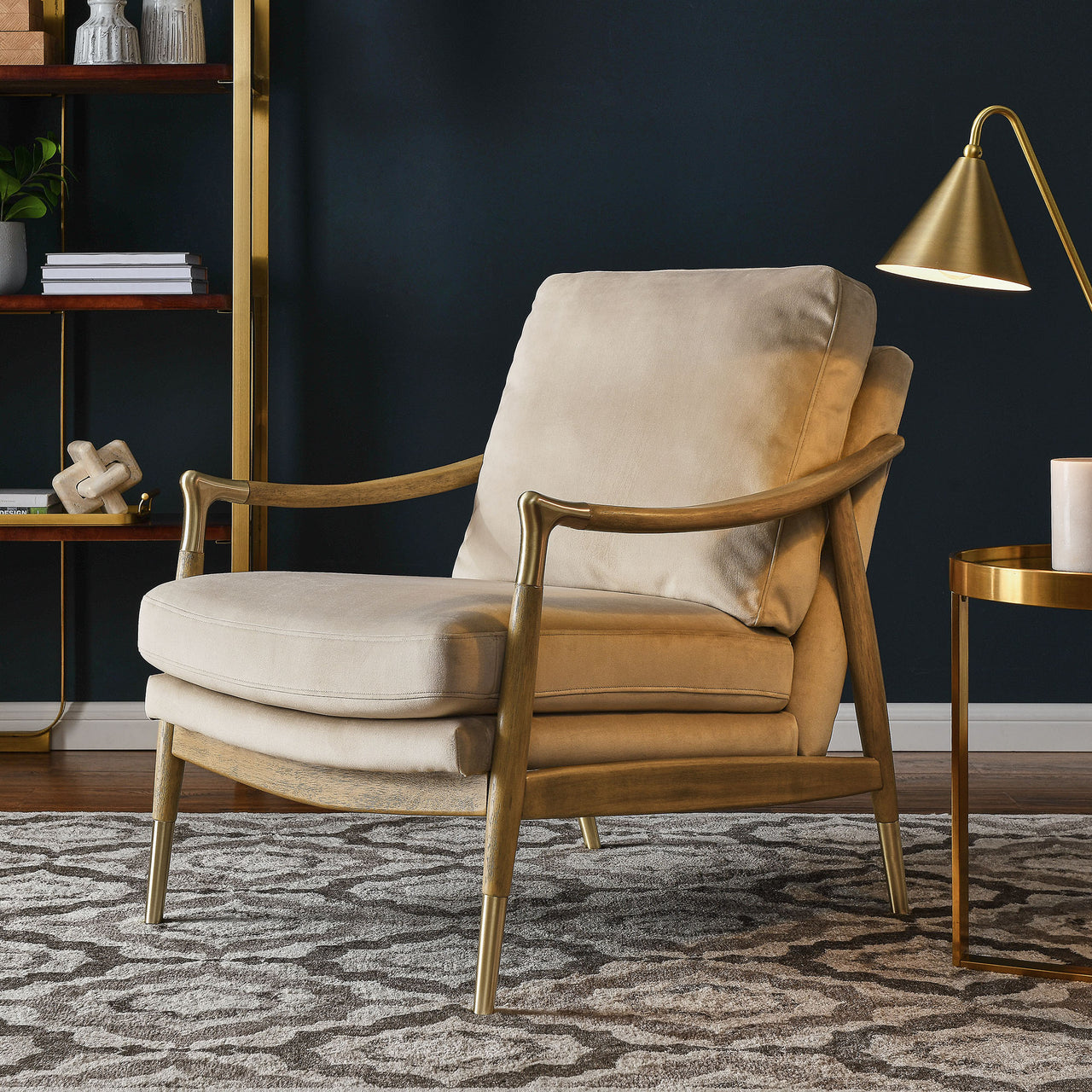 Alcrest Upholstered Velvet Accent Chair, Almond & Walnut