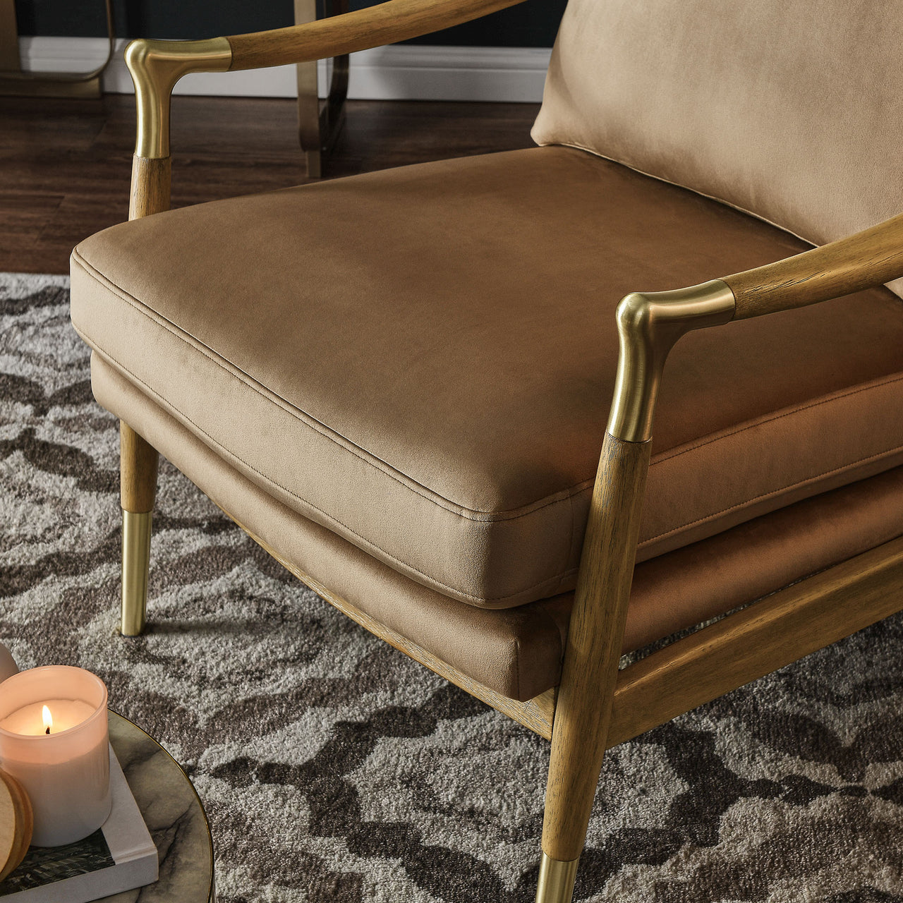 Alcrest Upholstered Velvet Accent Chair, Taupe & Walnut