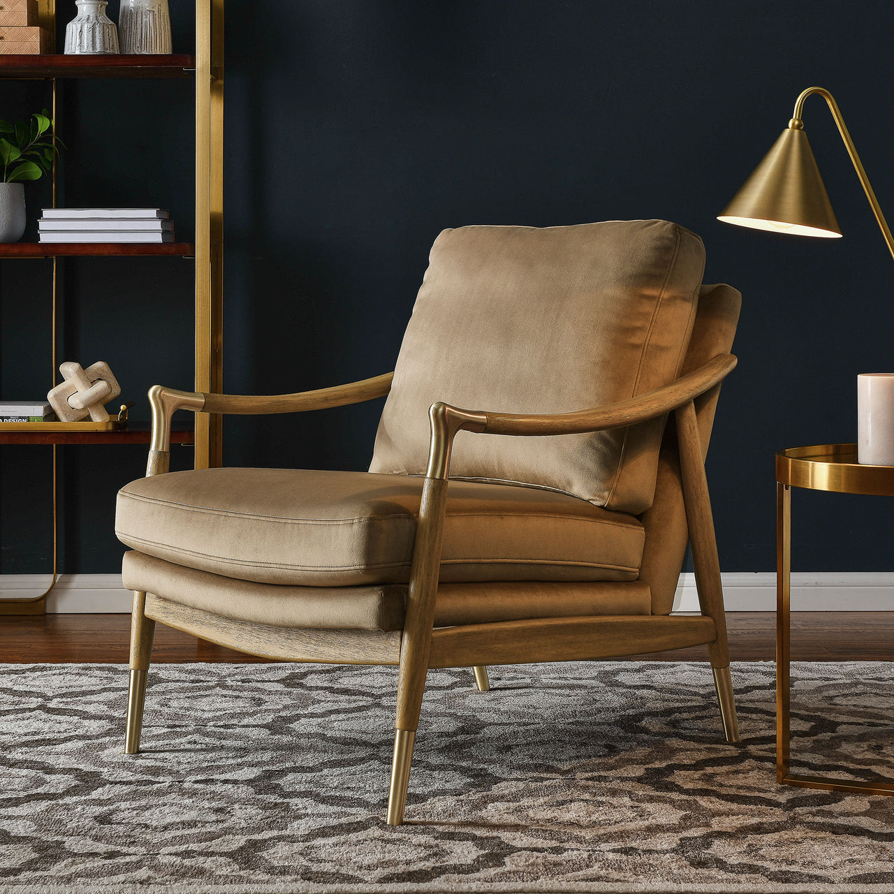 Alcrest Upholstered Velvet Accent Chair, Taupe & Walnut