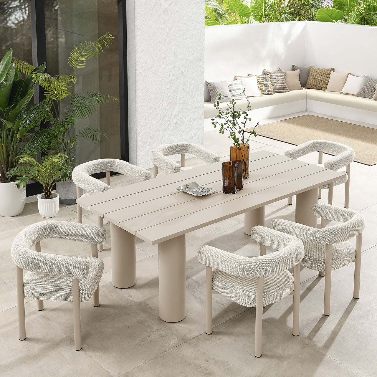 Lunaretta 7-Piece Rectangular Alfresco Dining Set, Ivory & Taupe