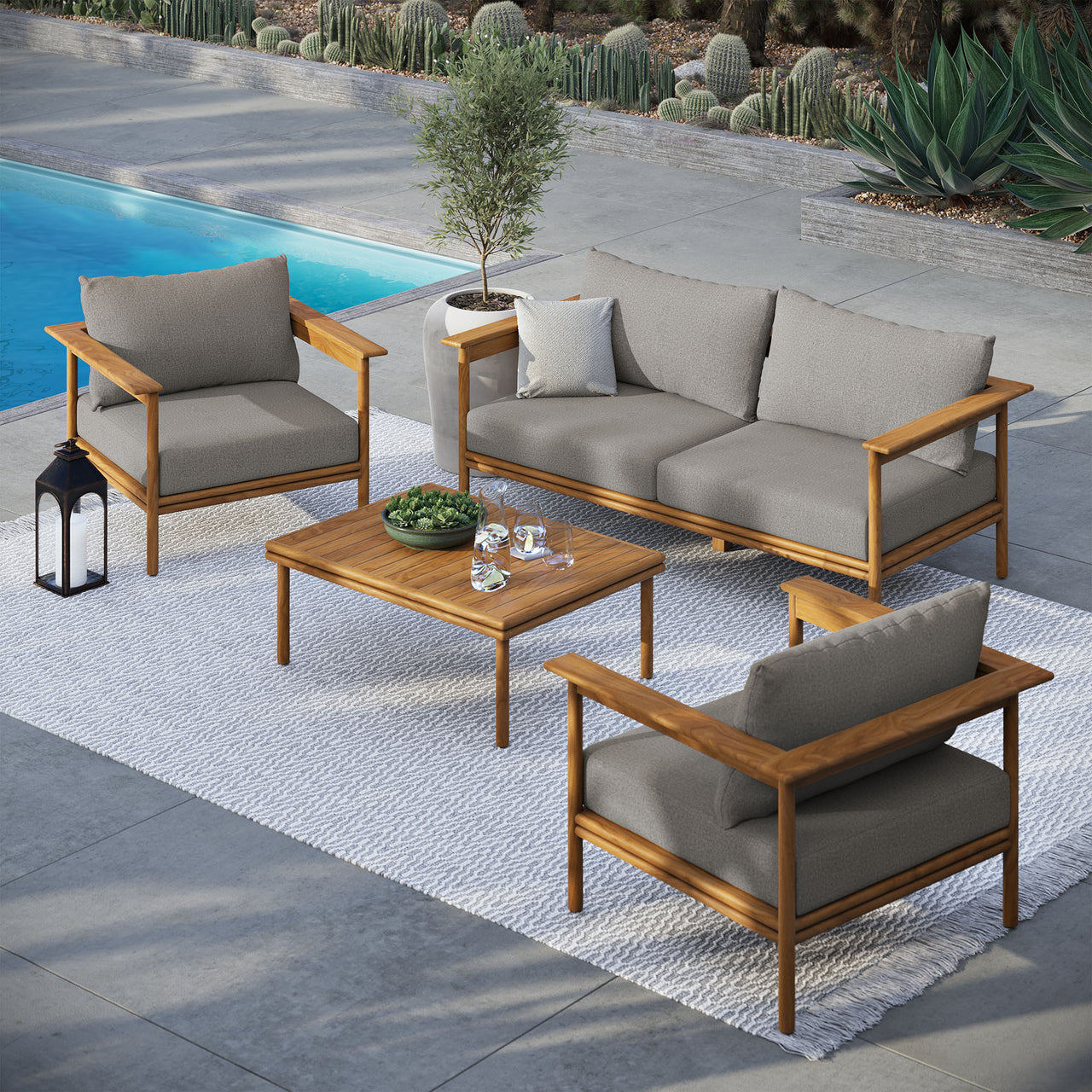 Weylan 4-Piece Alfresco Grade-A Teak Furniture Set, Natural Wood & Gray
