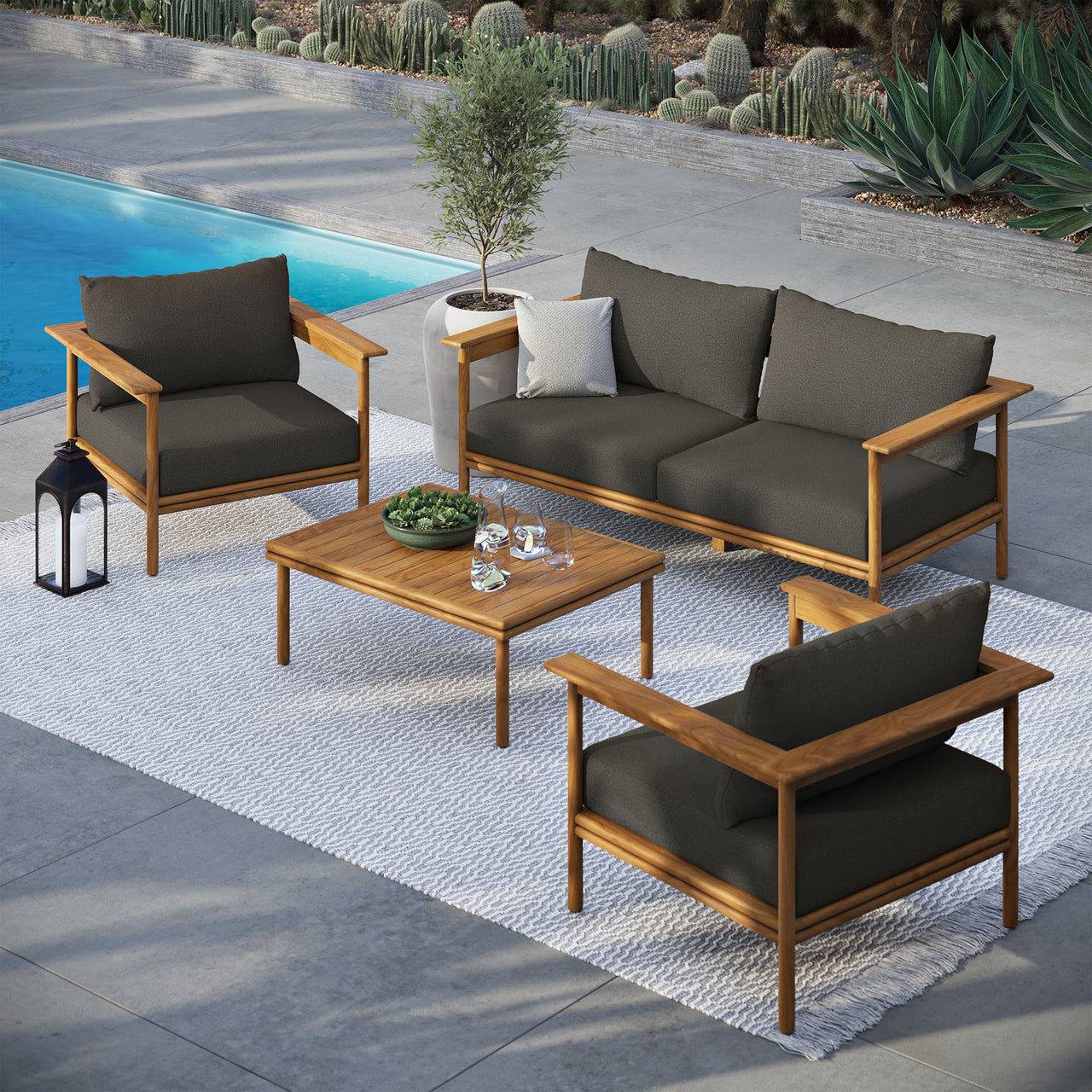 Weylan 4-Piece Alfresco Grade-A Teak Furniture Set, Natural Wood & Charcoal