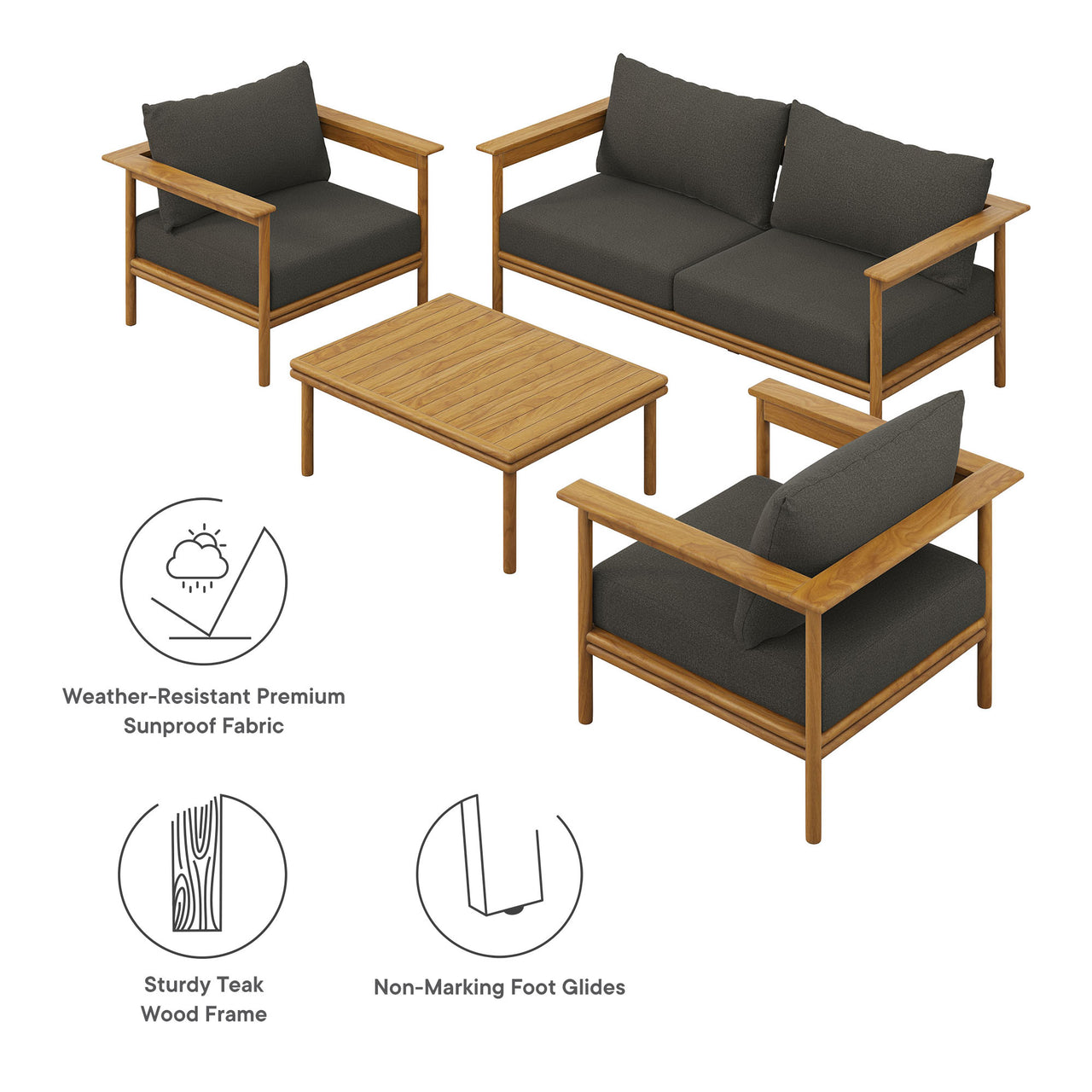 Weylan 4-Piece Alfresco Grade-A Teak Furniture Set, Natural Wood & Charcoal