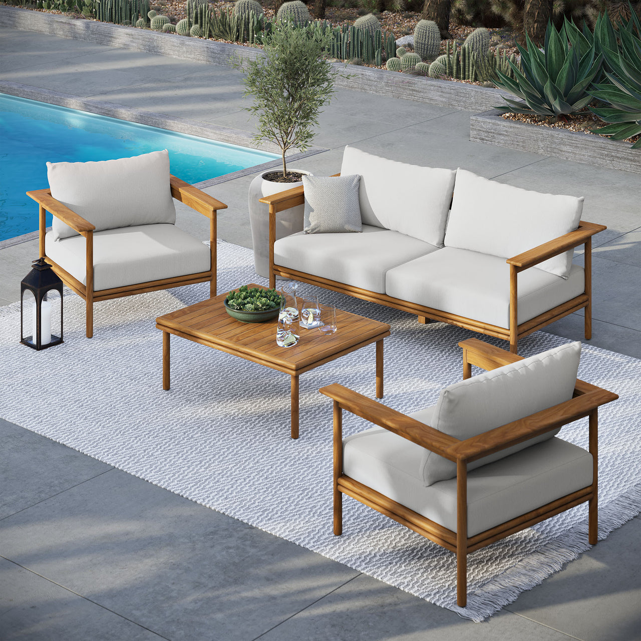 Weylan 4-Piece Alfresco Grade-A Teak Furniture Set, Natural Wood & Off-White