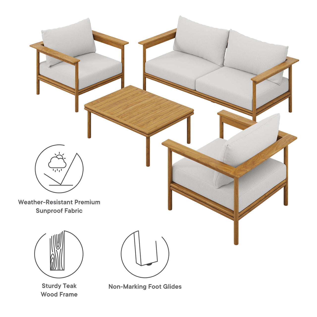 Weylan 4-Piece Alfresco Grade-A Teak Furniture Set, Natural Wood & Off-White