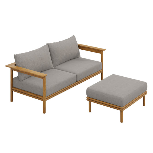 Weylan 2-Piece Alfresco Grade-A Teak Sofa and Ottoman Set, Natural Wood & Gray