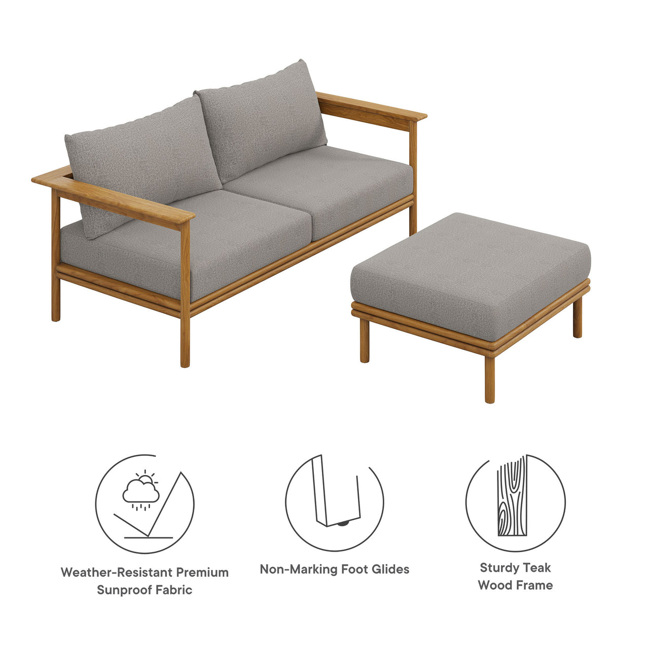 Weylan 2-Piece Alfresco Grade-A Teak Sofa and Ottoman Set, Natural Wood & Gray
