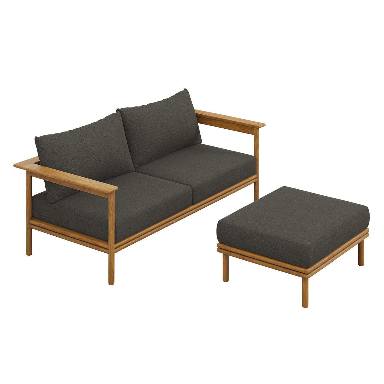 Weylan 2-Piece Alfresco Grade-A Teak Sofa and Ottoman Set, Natural Wood & Charcoal