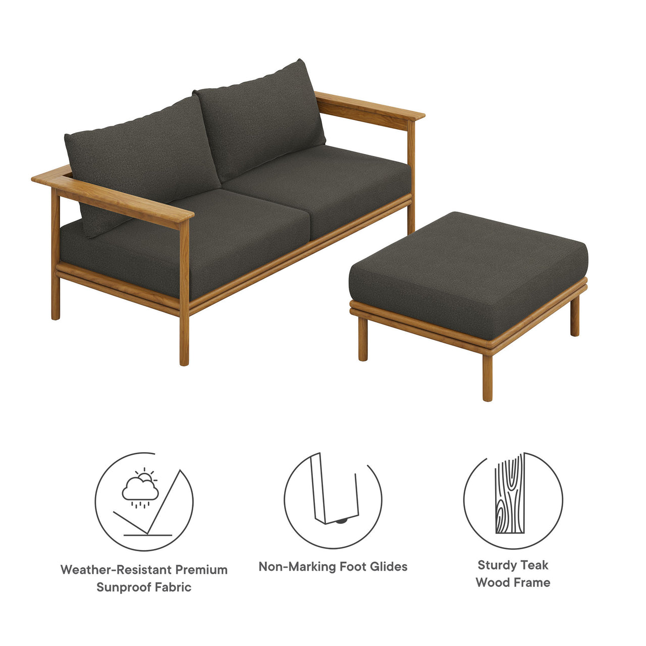 Weylan 2-Piece Alfresco Grade-A Teak Sofa and Ottoman Set, Natural Wood & Charcoal