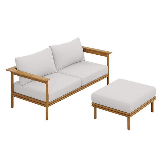 Weylan 2-Piece Alfresco Grade-A Teak Sofa and Ottoman Set, Natural Wood & Off-White