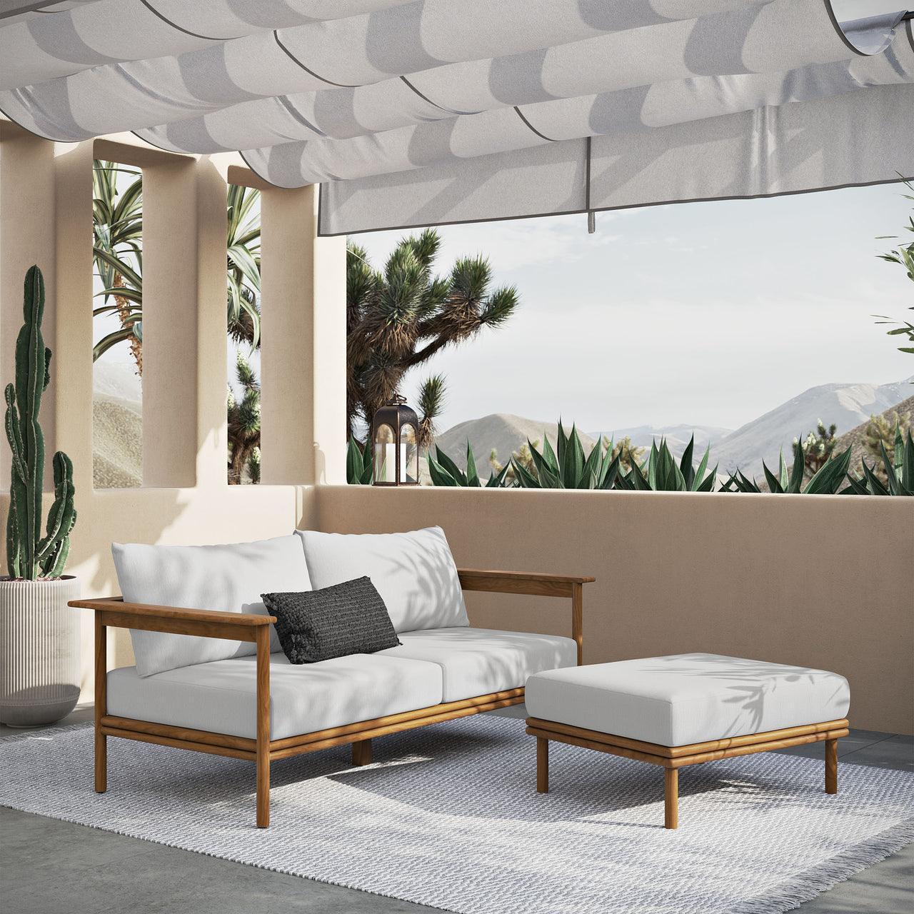 Weylan 2-Piece Alfresco Grade-A Teak Sofa and Ottoman Set, Natural Wood & Off-White