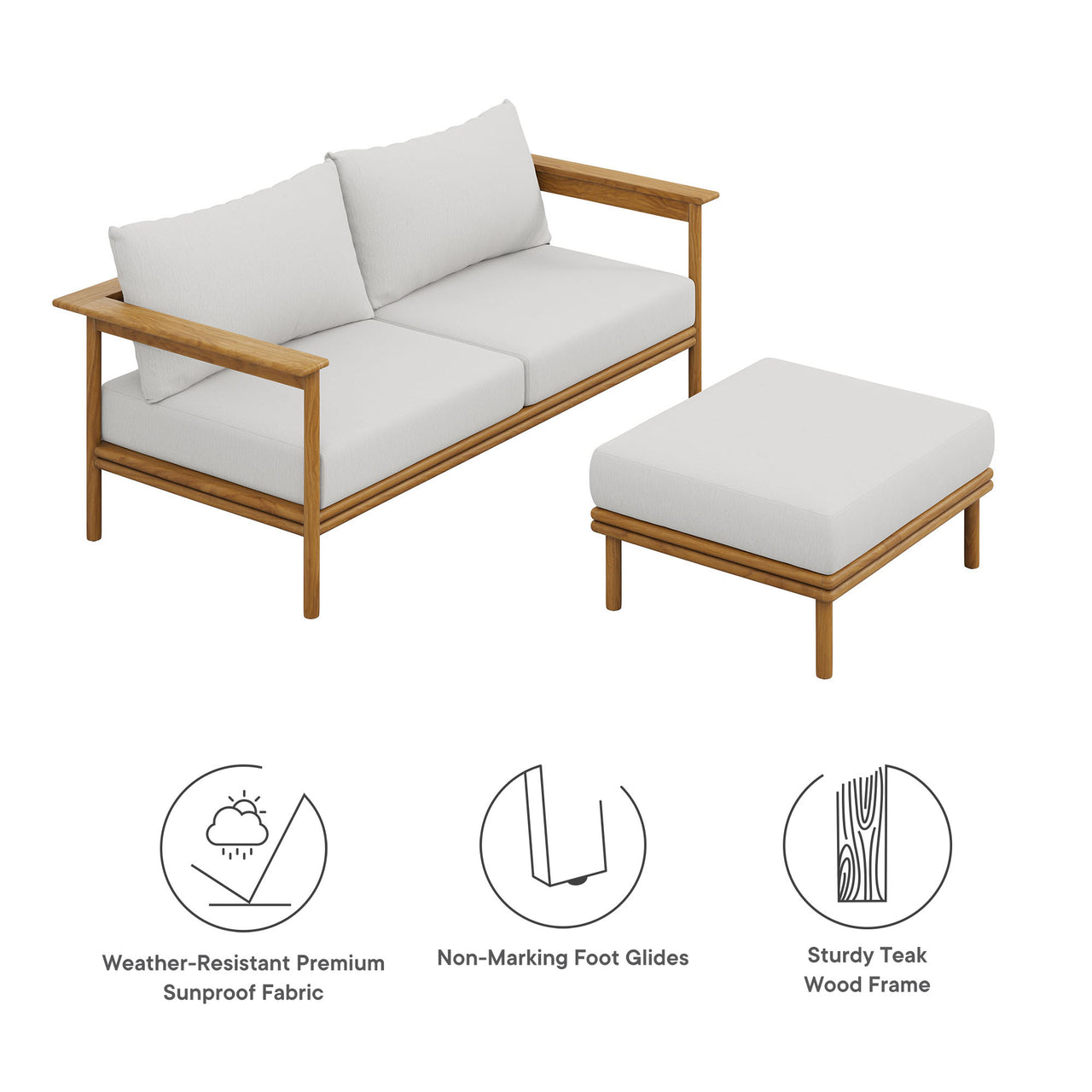 Weylan 2-Piece Alfresco Grade-A Teak Sofa and Ottoman Set, Natural Wood & Off-White