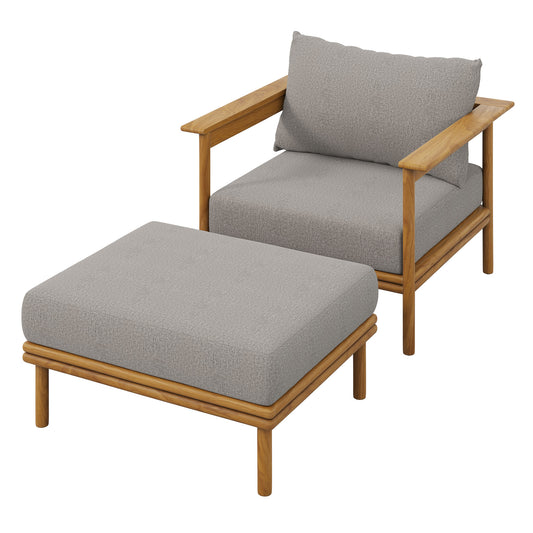 Weylan Alfresco Grade-A Teak Armchair & Ottoman Set Natural Wood & Gray