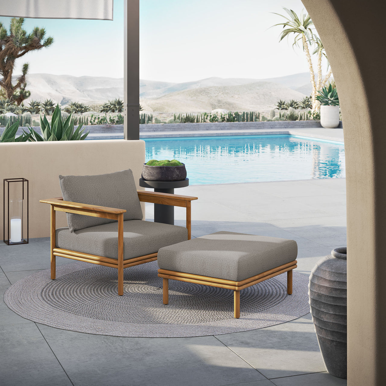 Weylan Alfresco Grade-A Teak Armchair & Ottoman Set Natural Wood & Gray