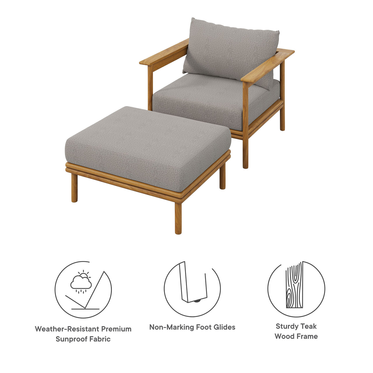 Weylan Alfresco Grade-A Teak Armchair & Ottoman Set Natural Wood & Gray