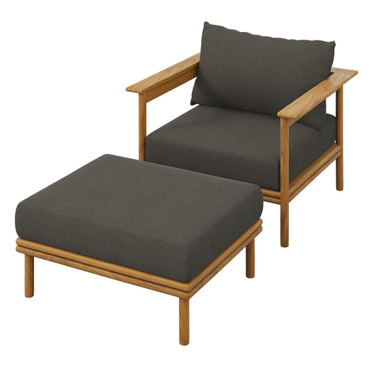 Weylan Alfresco Grade-A Teak Armchair & Ottoman Set Natural Wood & Charcoal