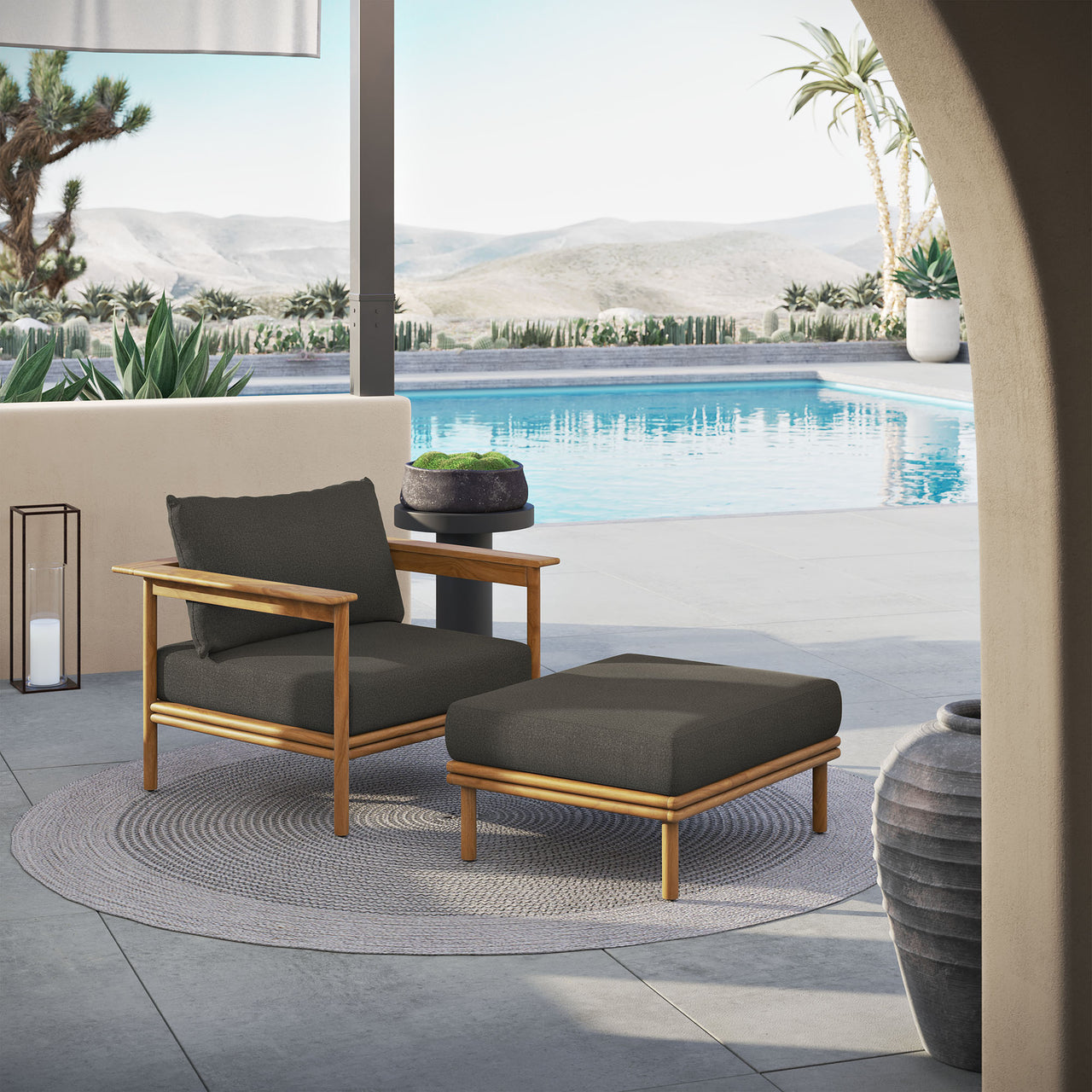 Weylan Alfresco Grade-A Teak Armchair & Ottoman Set Natural Wood & Charcoal