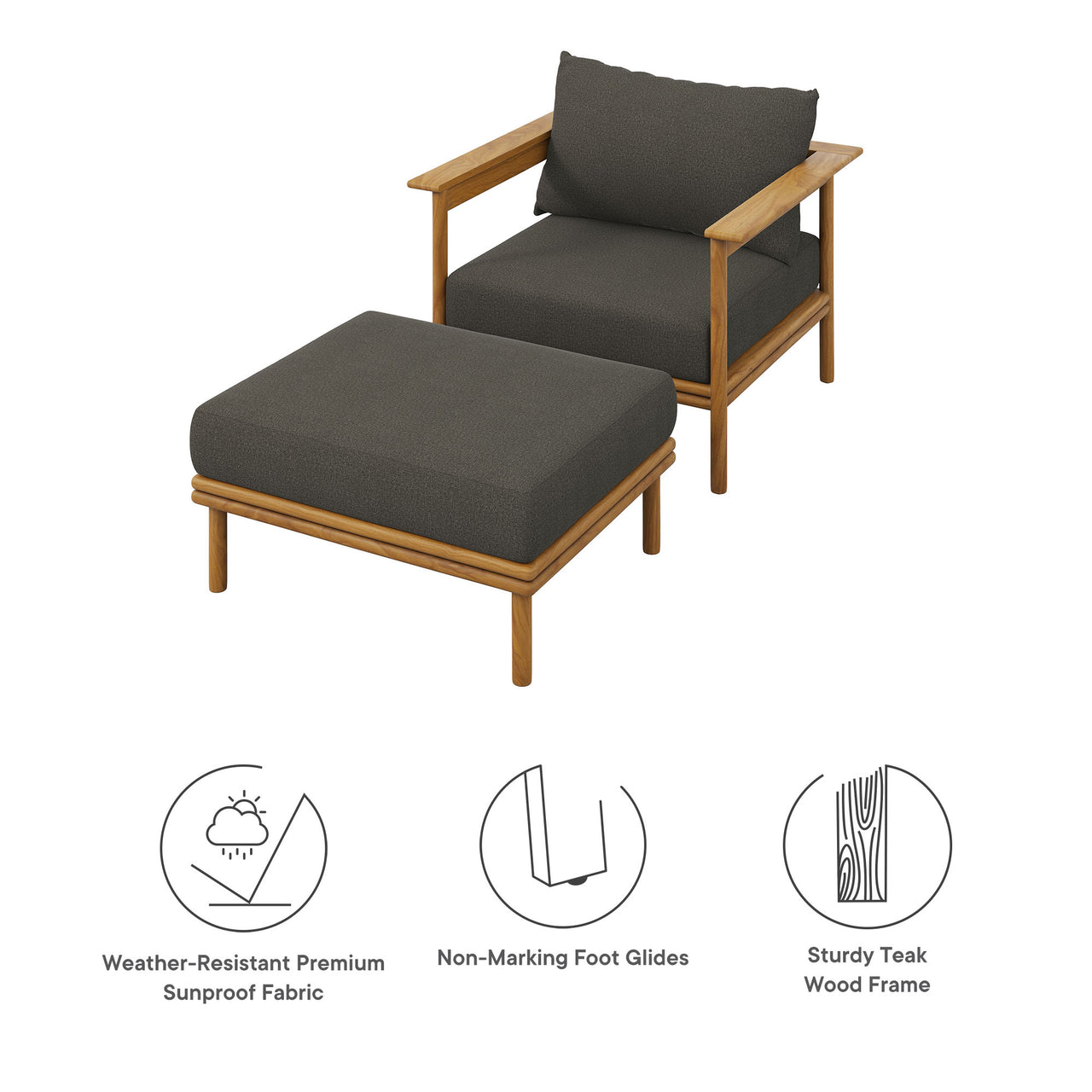 Weylan Alfresco Grade-A Teak Armchair & Ottoman Set Natural Wood & Charcoal