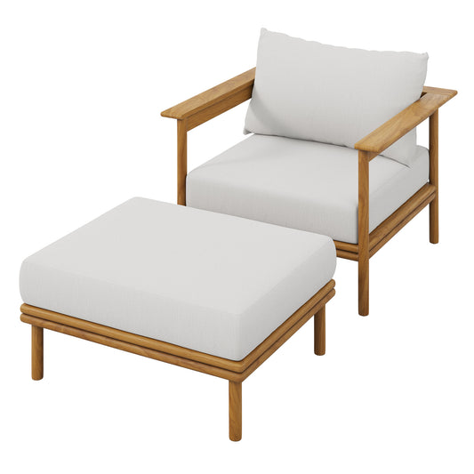 Weylan Alfresco Grade-A Teak Armchair & Ottoman Set Natural Wood & Off-White