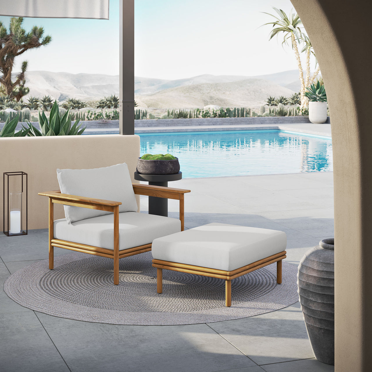 Weylan Alfresco Grade-A Teak Armchair & Ottoman Set Natural Wood & Off-White