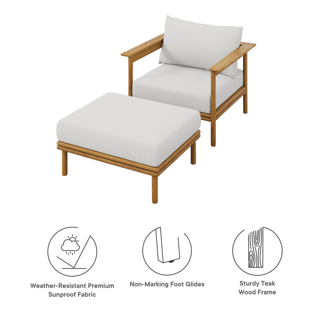 Weylan Alfresco Grade-A Teak Armchair & Ottoman Set Natural Wood & Off-White