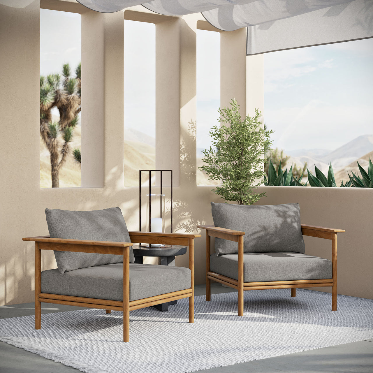 Weylan Alfresco Grade-A Teak Armchair Set of 2, Natural Wood & Gray