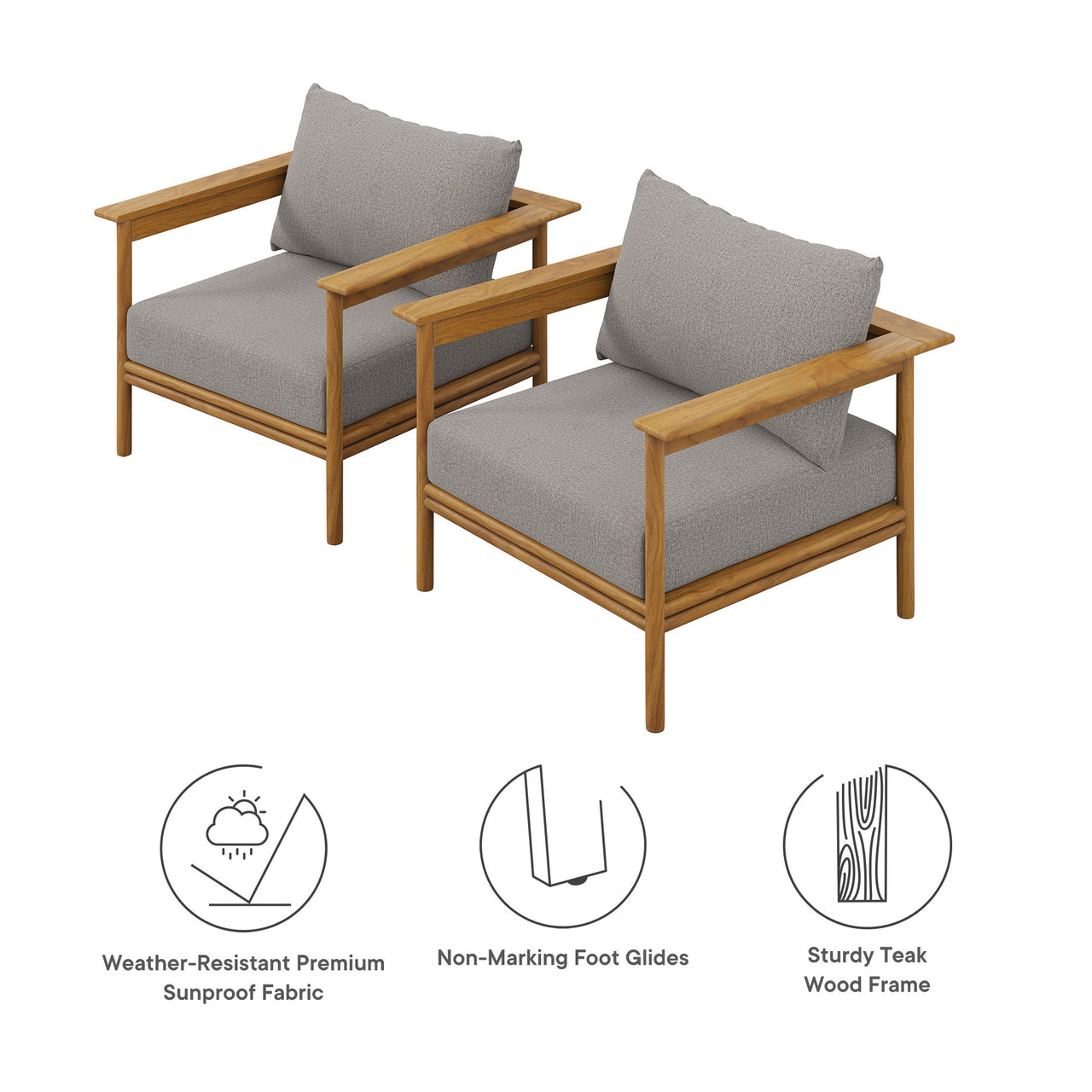 Weylan Alfresco Grade-A Teak Armchair Set of 2, Natural Wood & Gray