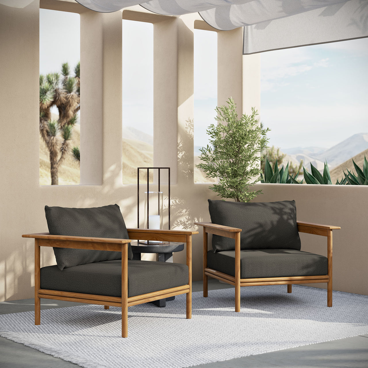 Weylan Alfresco Grade-A Teak Armchair Set of 2, Natural Wood & Charcoal