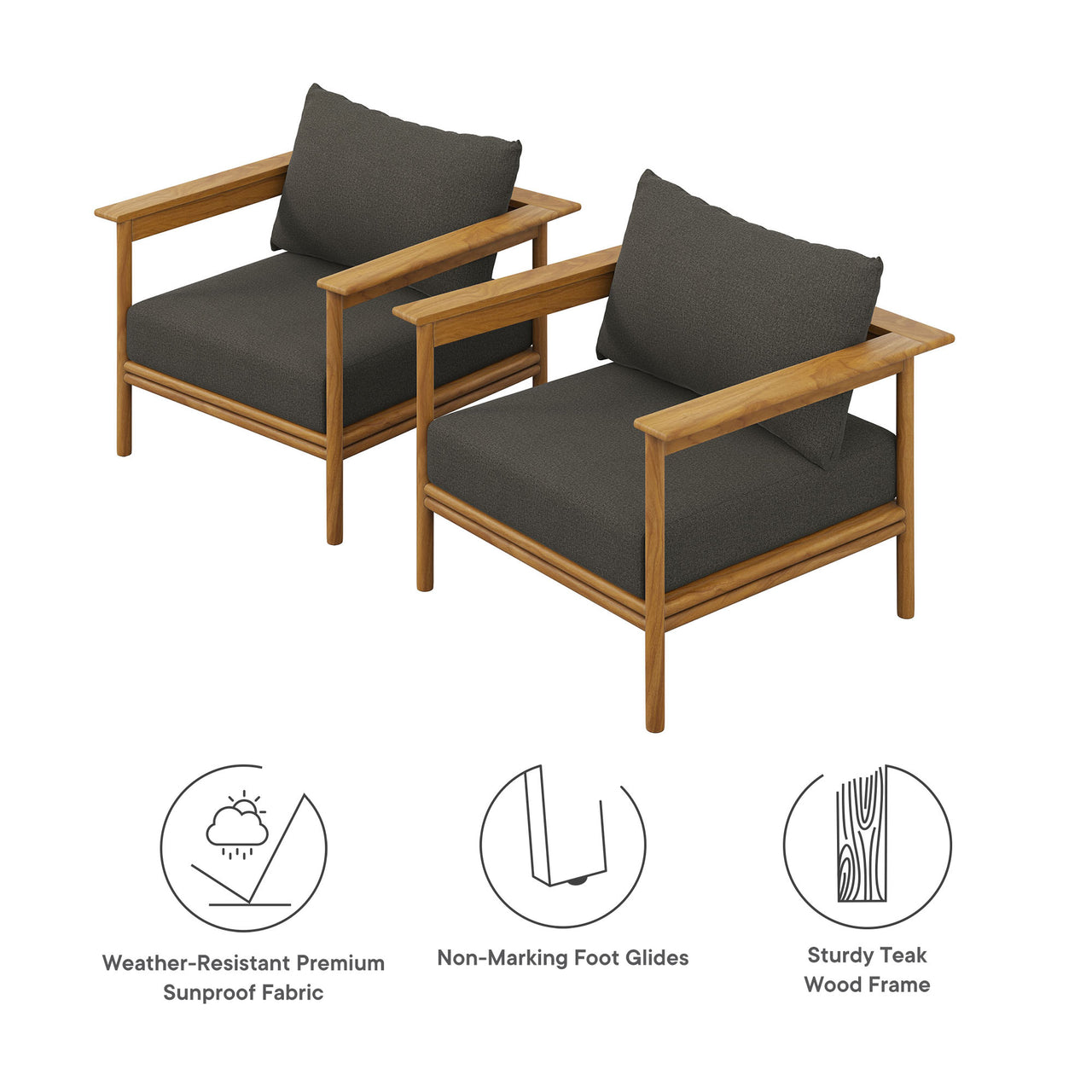 Weylan Alfresco Grade-A Teak Armchair Set of 2, Natural Wood & Charcoal