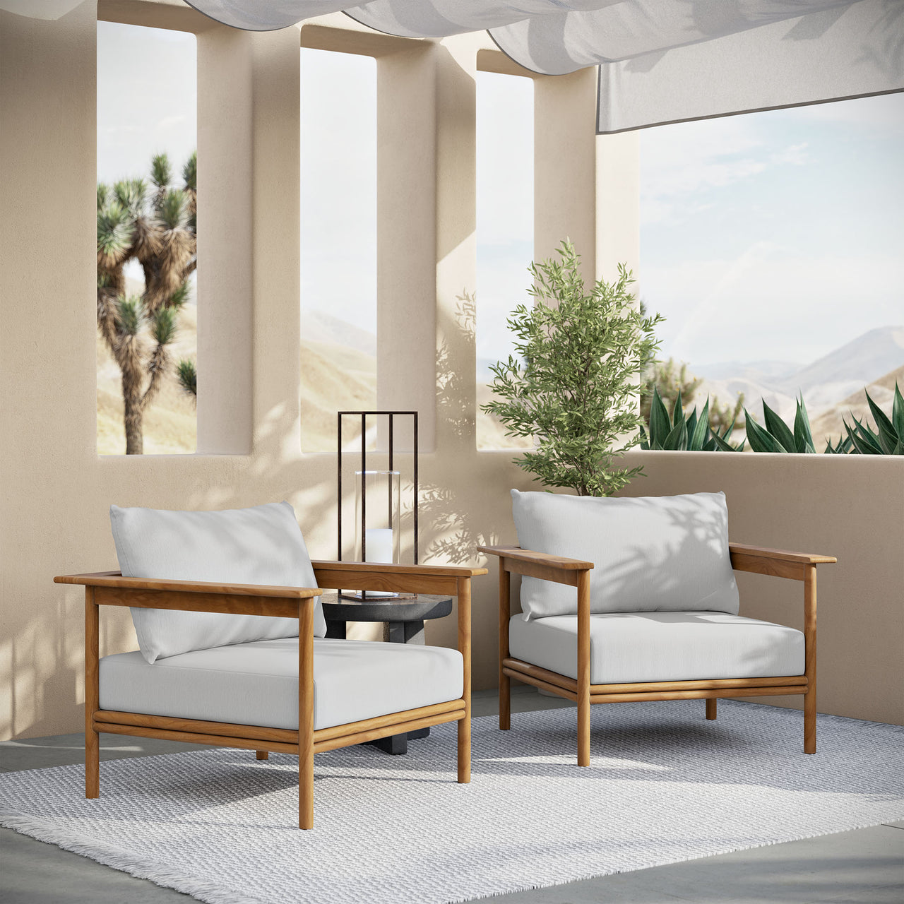 Weylan Alfresco Grade-A Teak Armchair Set of 2, Natural Wood & Off-White