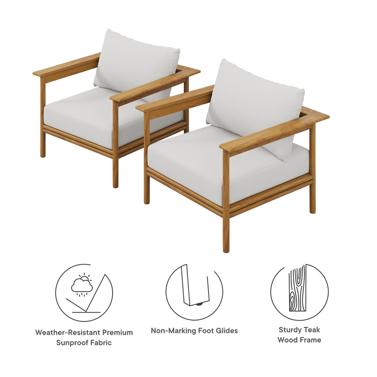 Weylan Alfresco Grade-A Teak Armchair Set of 2, Natural Wood & Off-White