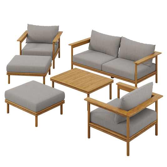 Weylan 6-Piece Alfresco Grade-A Teak Furniture Set, Natural Wood & Gray