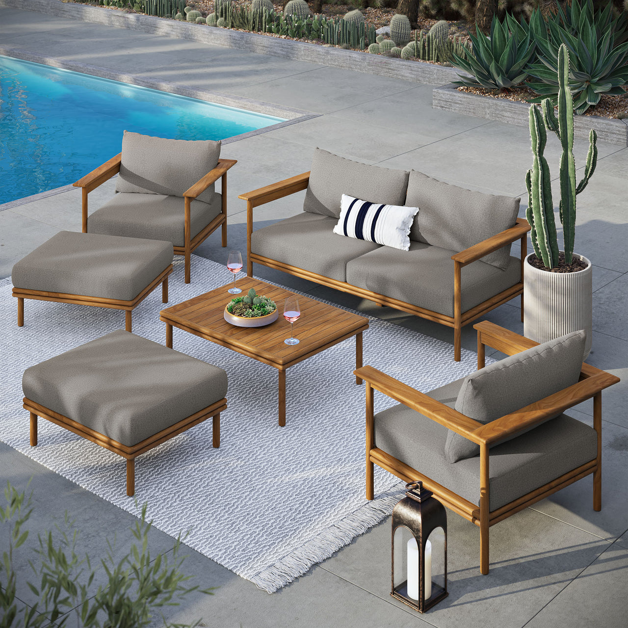 Weylan 6-Piece Alfresco Grade-A Teak Furniture Set, Natural Wood & Gray