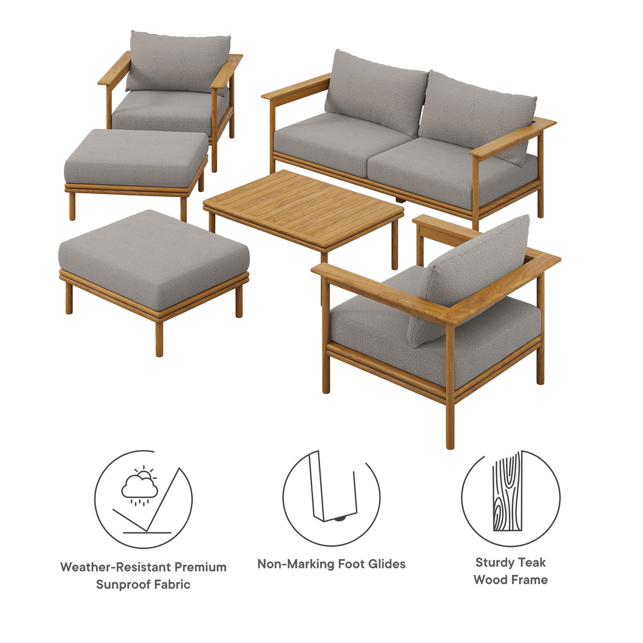 Weylan 6-Piece Alfresco Grade-A Teak Furniture Set, Natural Wood & Gray