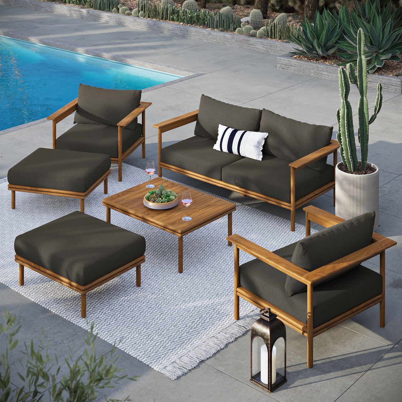 Weylan 6-Piece Alfresco Grade-A Teak Furniture Set, Natural Wood & Charcoal