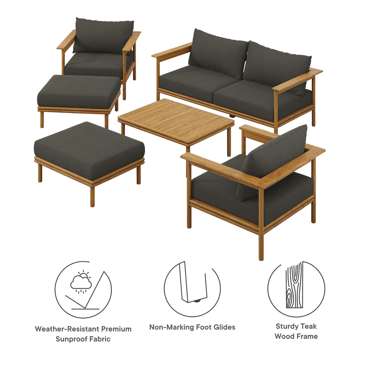 Weylan 6-Piece Alfresco Grade-A Teak Furniture Set, Natural Wood & Charcoal