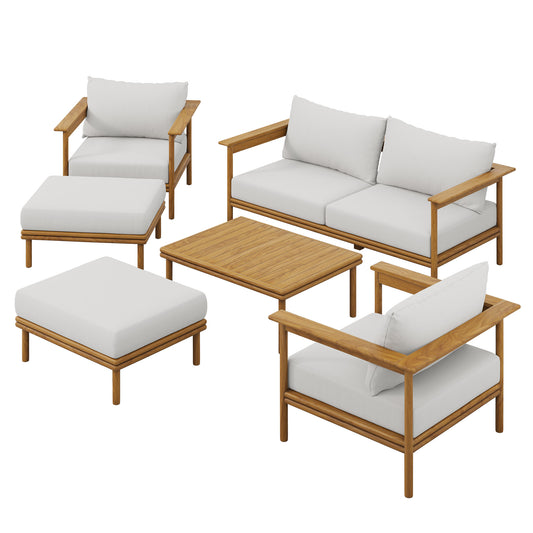 Weylan 6-Piece Alfresco Grade-A Teak Furniture Set, Natural Wood & Off-White