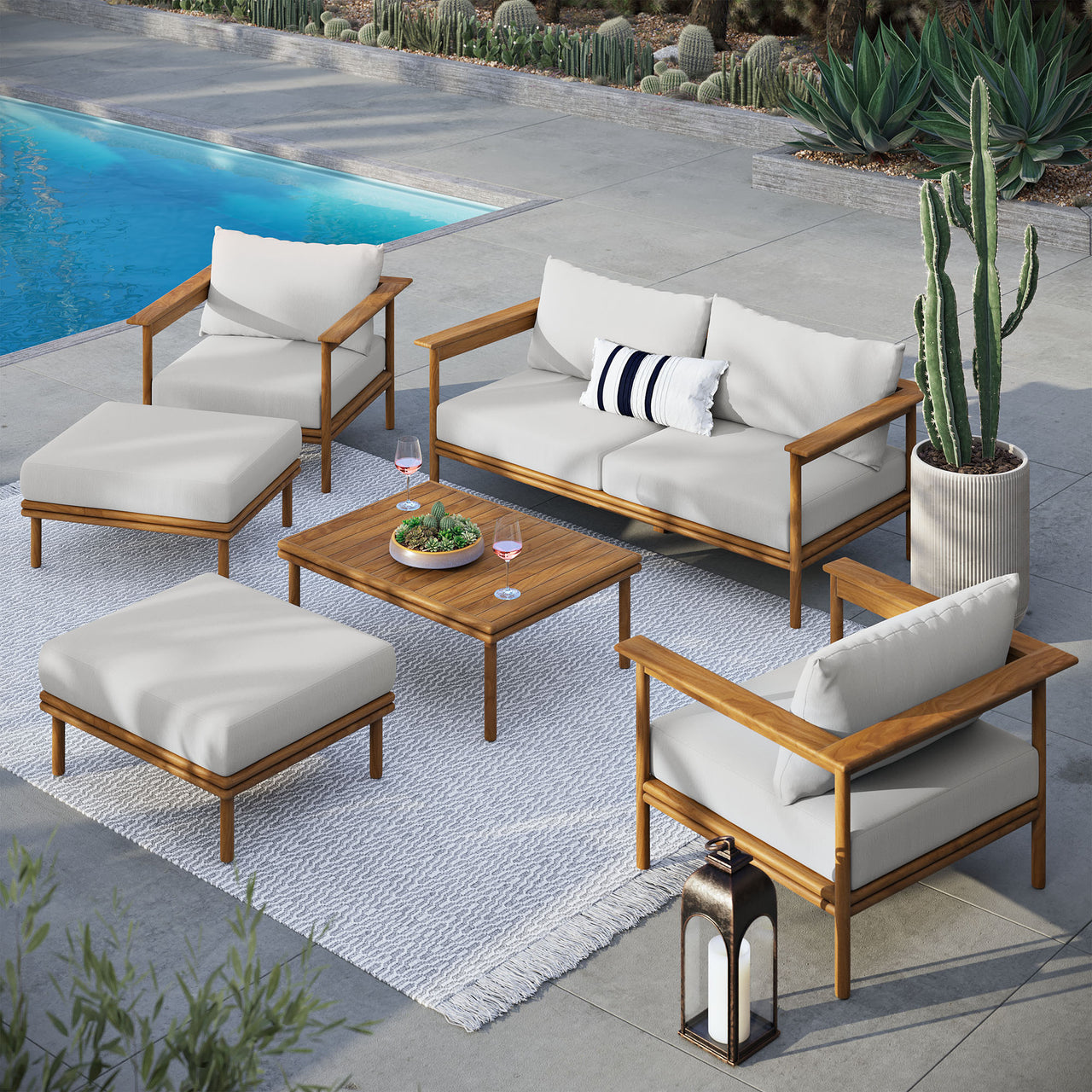 Weylan 6-Piece Alfresco Grade-A Teak Furniture Set, Natural Wood & Off-White