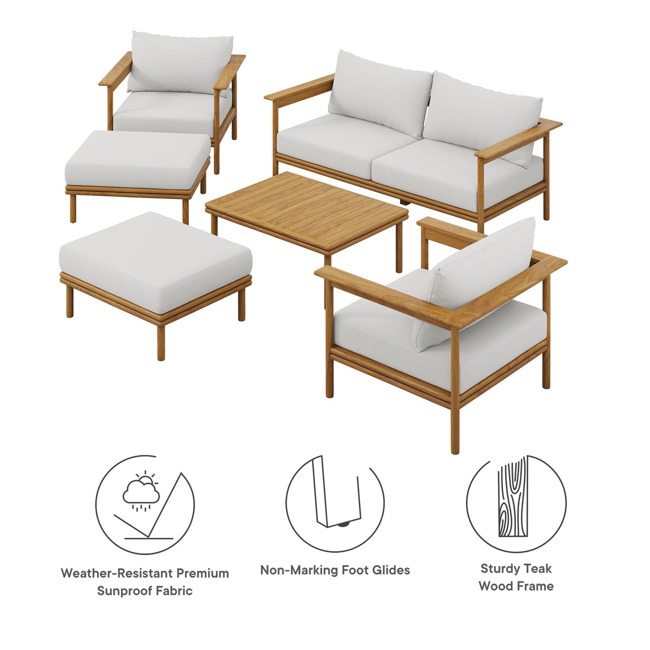 Weylan 6-Piece Alfresco Grade-A Teak Furniture Set, Natural Wood & Off-White