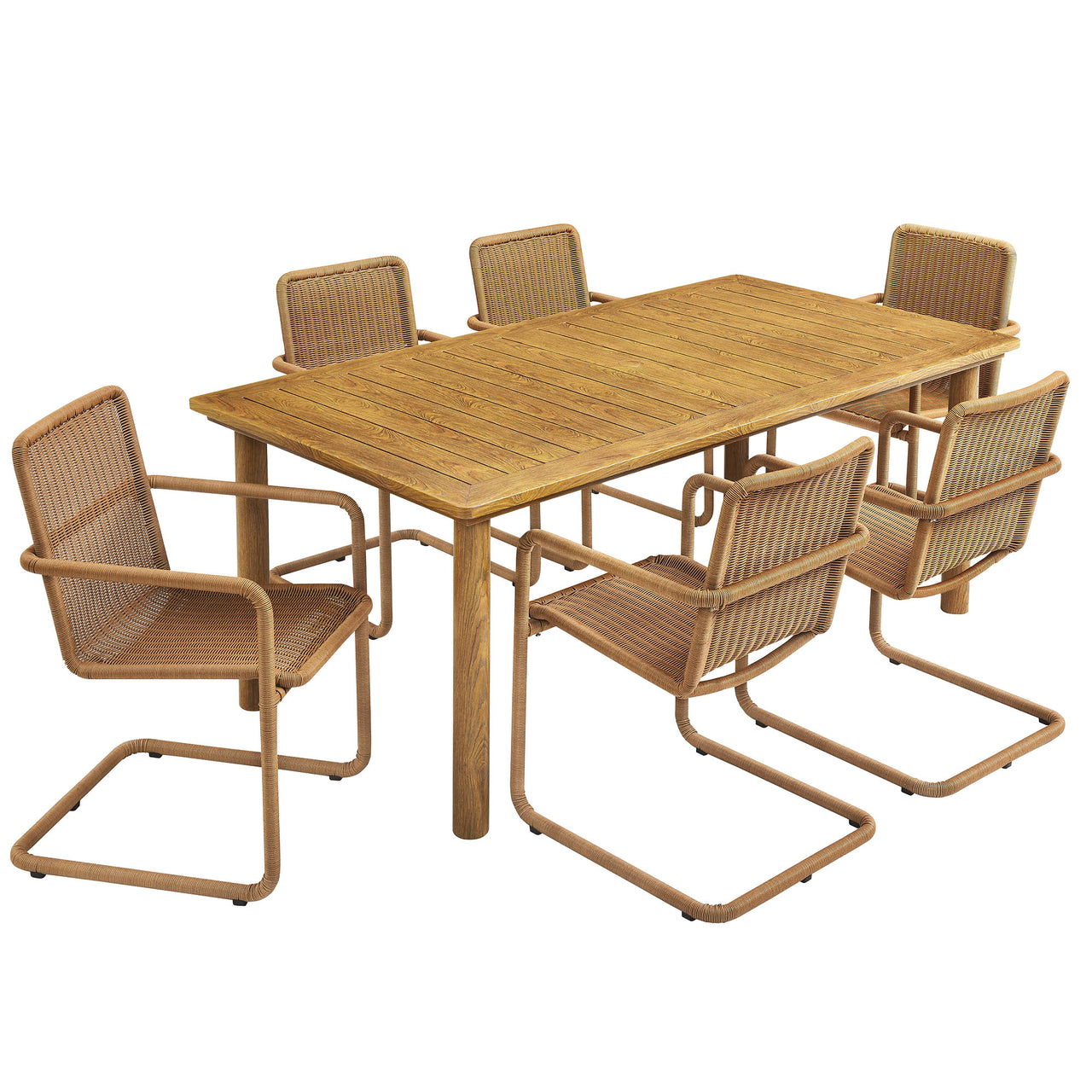 Sorella 7-Piece Rectangular Alfresco Dining Table Set with Rattan Armchairs, Natural Wood