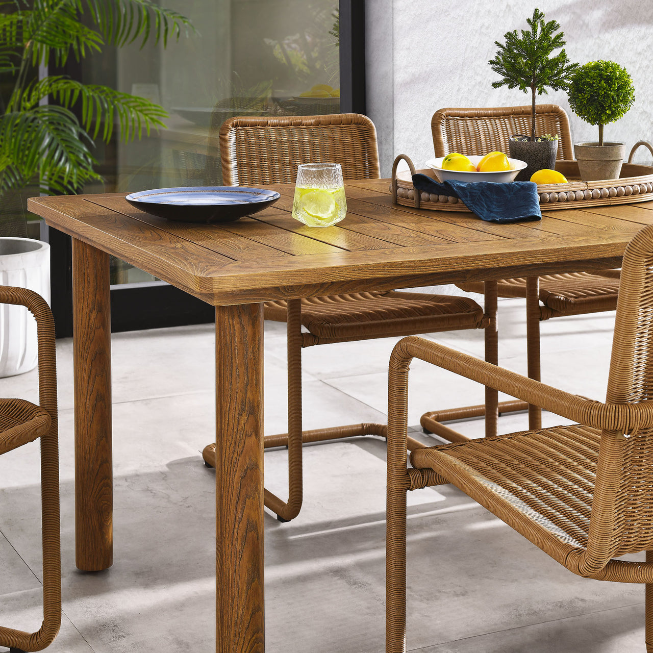 Sorella 7-Piece Rectangular Alfresco Dining Table Set with Rattan Armchairs, Natural Wood