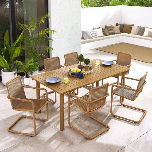 Abacus 7-Piece Rectangular Outdoor Patio Aluminum Dining Table Set with Rattan Armchairs, Natural Wood