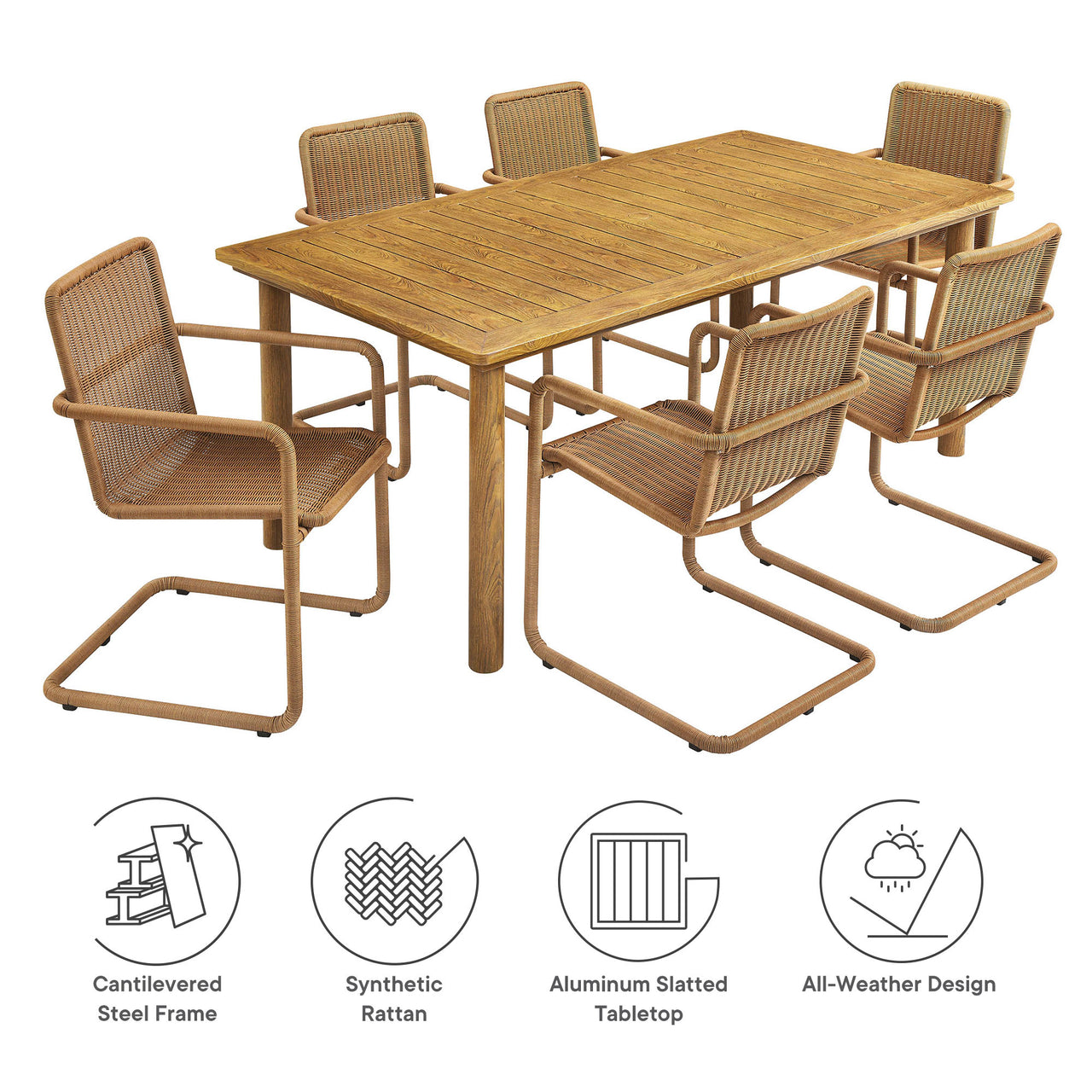 Sorella 7-Piece Rectangular Alfresco Dining Table Set with Rattan Armchairs, Natural Wood