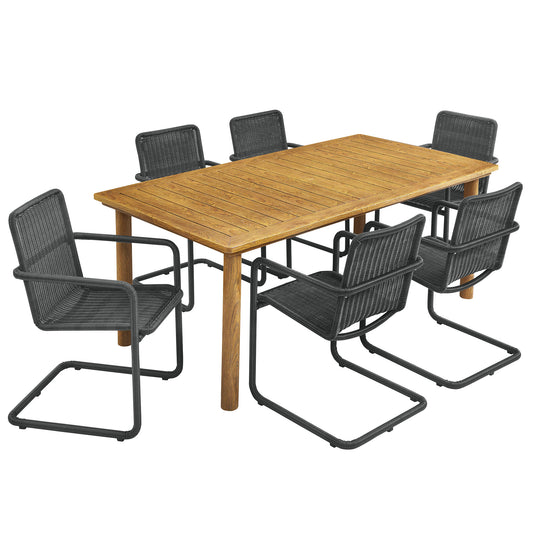 Abacus 7-Piece Rectangular Outdoor Patio Aluminum Dining Table Set with Rattan Armchairs, Slate & Natural Wood