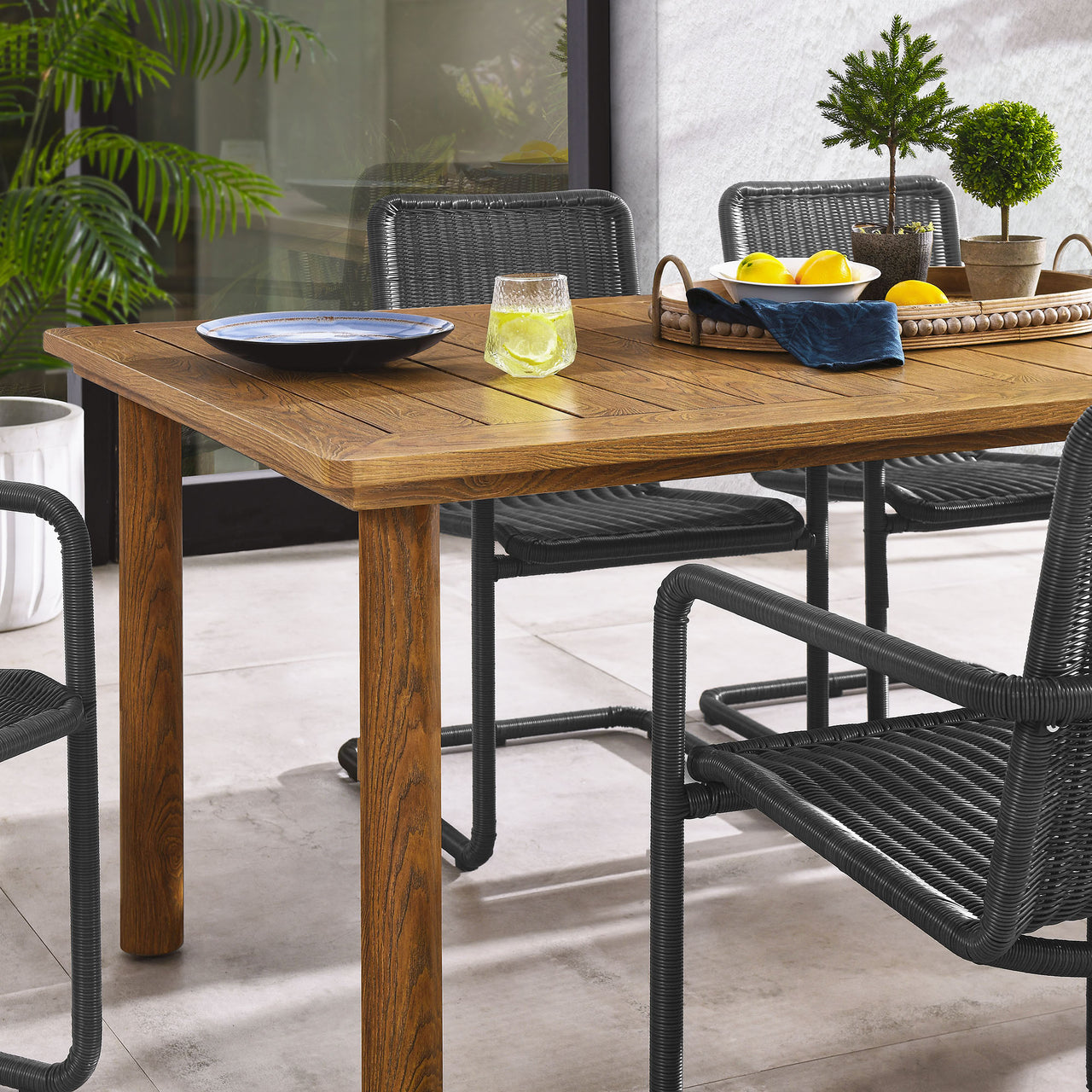 Sorella 7-Piece Rectangular Alfresco Dining Table Set with Rattan Armchairs, Slate & Natural Wood