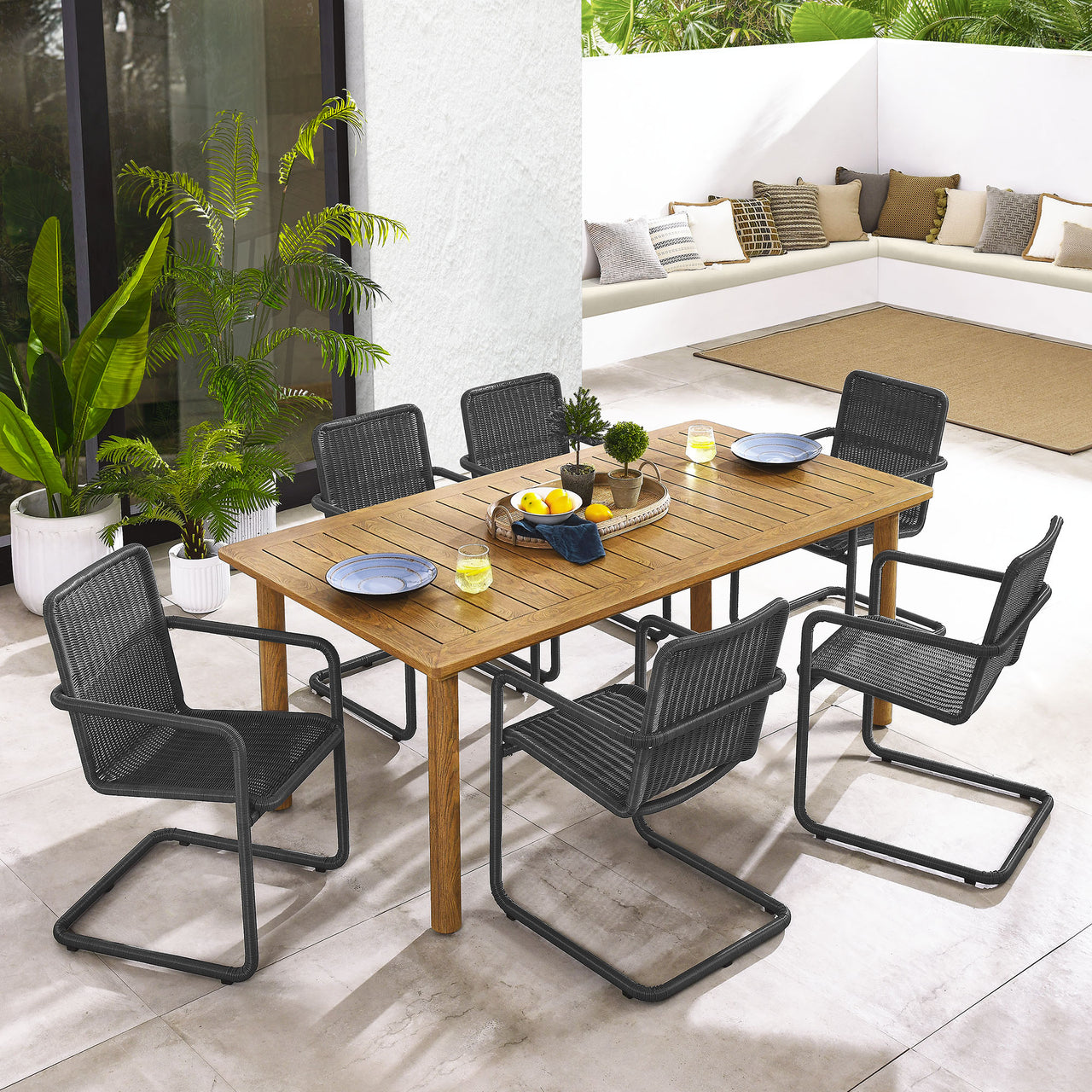 Sorella 7-Piece Rectangular Alfresco Dining Table Set with Rattan Armchairs, Slate & Natural Wood